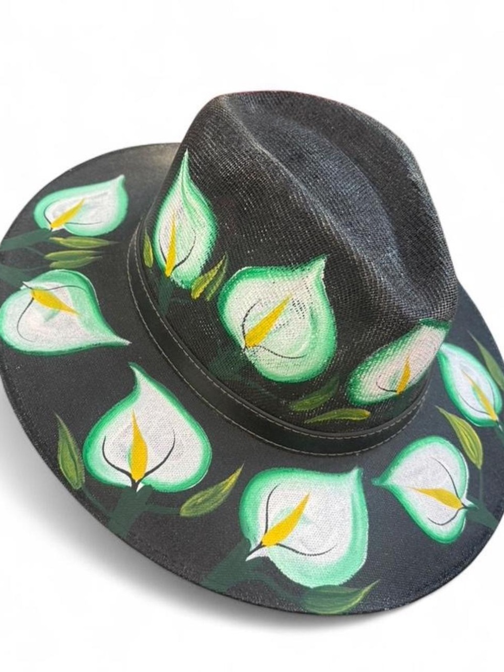 Hand-Painted Oaxaca Black Fedora with White & Green Lily of the valley motifs